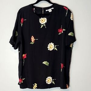 90s Vintage Floral Top Black Fairycore Grunge Whimsigoth Size 16 Silky Boho‎